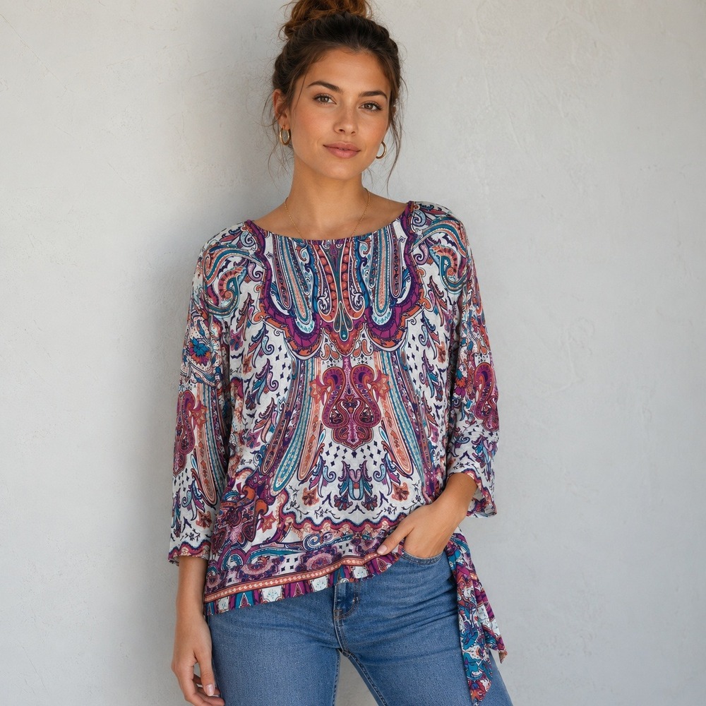 Chicos Paisley Print Top Womens Purple Multi Side Tie 3/4 Sleeve Size 1